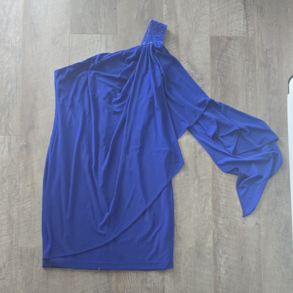 Betsy & Adam Blue One Shoulder Ruched Cocktail Dress